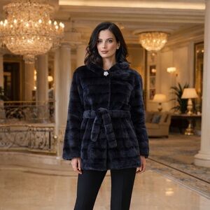 Black Dark Brown Faux Fur Soft Comfy Teddy Hood Glass Brooch Button Jacket Coat